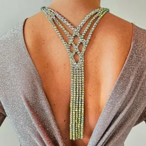 Bohemian Colorful Rhinestone Tassel Back Chain For Women Gold Silver Plated Body Chain For Belly Dance Stage Performance Jewelry