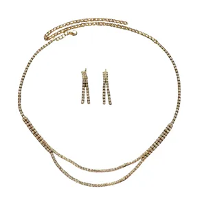 Gold Rhinestone Necklace Earrings Set Layered Crystal Bridal Wedding Jewelry Accessories