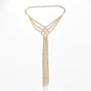 Gold rhinestone body chain vintage multi-layer tassel back necklace for women party dress