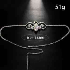 Detail view of the shiny rhinestone waist chain with delicate hollow design and extra chain.