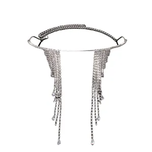 Maschera viso con catena di strass e nappe pendenti per orecchie gioielli da festa lucidi