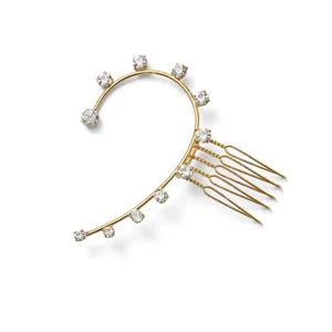 Detailed close-up of a gold-toned rhinestone ear cuff and hair comb combination piece.
