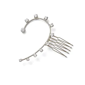 Silver rhinestone ear cuff with comb design, stylish minimalist non-piercing hair accessory.