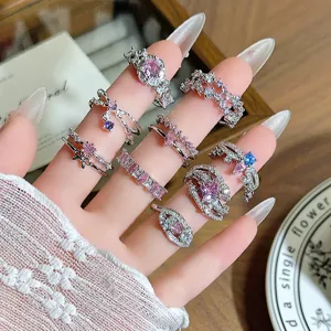 Dreamy sweet cool pink and blue zircon open rings set, stylish stackable fashion jewelry