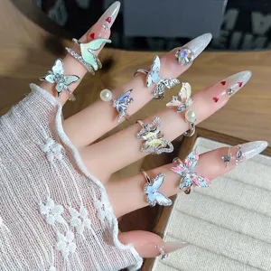 Colorful enamel butterfly zircon open rings set for women, chic fashion stackable finger jewelry.