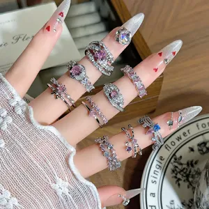Copper Cubic Zirconia Open Ring Pink Blue Gem Adjustable Stacking Ring Individual Luxury Niche Design Jewelry Finger Ring