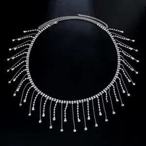 Sparkling rhinestone fringe waist chain detail, elegant crystal body chain for party bikini.