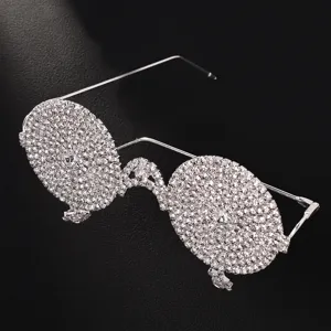 Femmes plein strass ronde lunettes cadre, scintillant cristal métal lunettes accessoire fête.