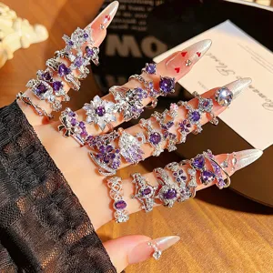 Niche High-end Purple Zirconia Adjustable Open Ring Women Hollow Flower Heart Design Personalized Copper Finger Ring Jewelry