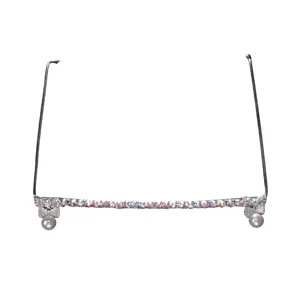 Luxury rhinestone half-frame decorative glasses frame with hanging pearls for party wear.