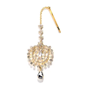Chaîne de cheveux en strass Maang Tikka indien doré pendentif ethnique de mariée