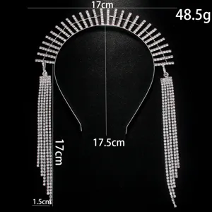 Rhinestone halo headband detail view, crystal tassels, 17cm width, elegant party hair piece.