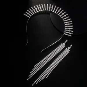 Silver rhinestone halo crown headband and long tassel earrings set for party festival wear.