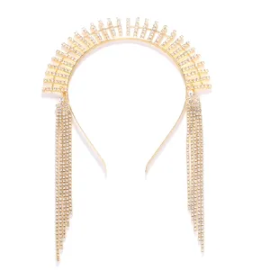 Gold rhinestone halo crown headband with long crystal fringe tassels for party festival wear.