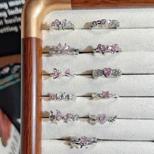 Cute pink cubic zirconia bow heart adjustable rings set for women girls sweet cool style.