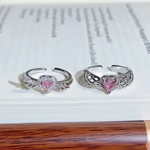 Chic silver open ring with sparkling pink heart zircon and delicate wings, sweet cool jewelry style.