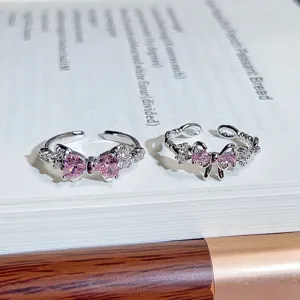 Chic pink zircon bow heart open ring for sweet cool girls, sparkling stackable finger jewelry.