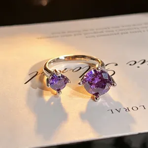 Exquisite purple zircon open ring, double stone silver ring for women chic daily wear