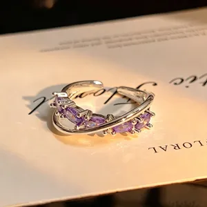 Purple Zirconia Open Ring Double Layer Cross Hollow Design Fashion Jewelry for Women
