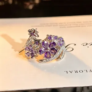 Purple Zircon Flower Star Open Ring Detail Shot, Sparkling Silver Jewelry Piece For Women
