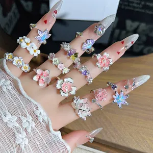 Forest style sweet enamel flower butterfly zircon open rings stackable rings for women