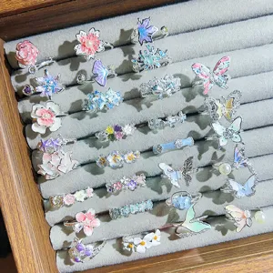 Multicolor Enamel Flower Butterfly Zirconia Open Ring Sweet Light Luxury Copper Adjustable Stackable Ring For Women Jewelry Gift