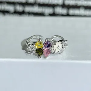 Colorful zircon enamel flower adjustable open ring detail view, vibrant dopamine jewelry.