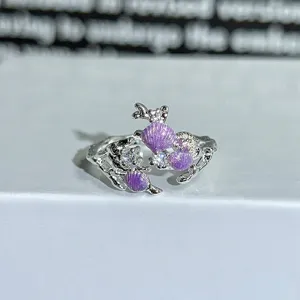 Sweet style colorful enamel zircon open ring detail view showcasing delicate floral and shell design.