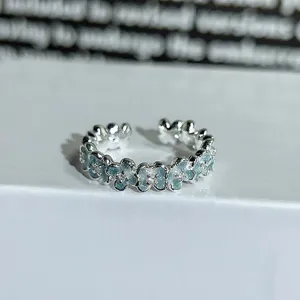 Silver open ring with blue enamel flowers, niche sweet style jewelry for daily wear.