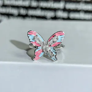 Silver enamel butterfly open ring with cubic zirconia, colorful dopamine style jewelry for women.