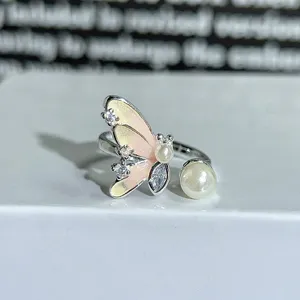 Enamel butterfly ring with pearls and cubic zirconia, adjustable open ring for women.