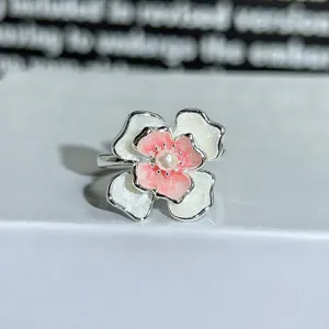 Enamel flower open ring for women sweet style silver tone jewelry stackable accessory