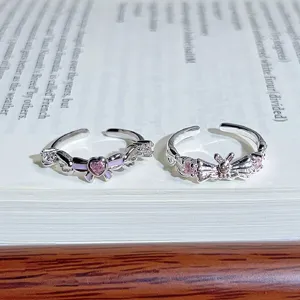 Sweet cool style open rings set with pink zircon bow and heart design for daily wear