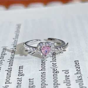 Pink heart zircon open ring with angel wings design, sweet and cute fashion finger jewelry.