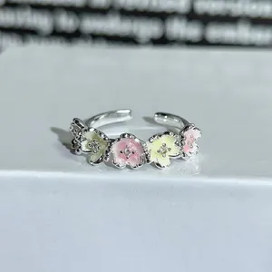 Trendy colorful enamel flower zircon open ring for women, chic stackable fashion jewelry.