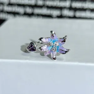 Detailed view of the colorful enamel flower open ring with purple zircon stone for women.