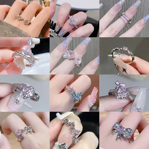 Rosa Zirkonia Süßer Cooler Stil Offener Ring Mode Leicht Luxus Verstellbarer Fingerring Für Damen Personalisierter Geometrischer Schleife Herz Schmuck Geschenk