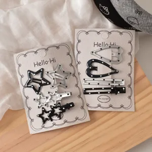 Y2K sweet cool star heart polka dot hair clips set metallic silver black side bangs clip