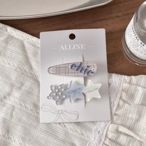 Alline blue plaid BB clip and cute star hair clip set, sweet style hair accessories for women.