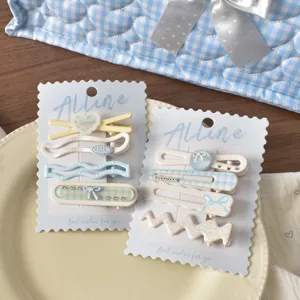 Bonito conjunto de horquillas a cuadros azules, estilo dulce para niñas y uso diario.