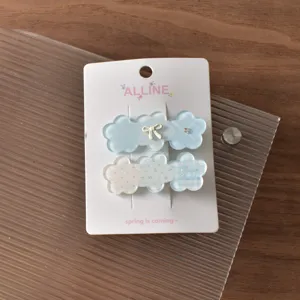 Detailed view of cute blue plaid floral hair clips, sweet bow design side clip for women.