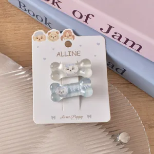 Cute acrylic puppy dog hair clips detail, sweet cartoon bone-shaped side fringe hair barrette.