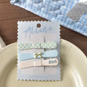 Encantador juego de 3 horquillas de cuadros azules y lazo, pinzas de flequillo dulces para niñas.