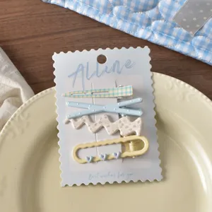 Bonito juego de pinzas para el pelo a cuadros florales azul amarillo para mujeres accesorios