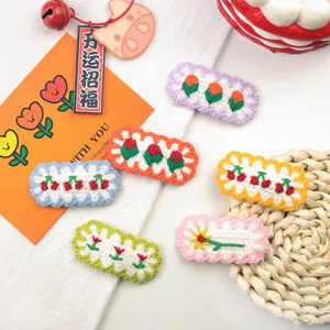 Japanese Sweet Handmade Yarn Woven Hair Clips Colorful Floral Cherry Snap Clips Cute Cartoon Headwear For Kids Women Everyday Jewelry Gift