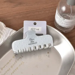 Blue acrylic hair claw clip with white dots and stylish text for daily styling and elegant look.