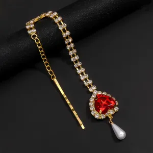 Exquisiter roter Herz-Kristall Stirnkette Haarschmuck mit funkelnden Strass und Perle.