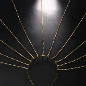 Diadema halo pedrería dorada, corona rayos de sol cadena para el pelo fiesta.