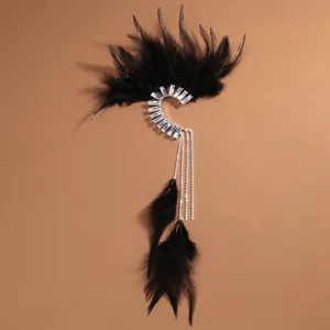 Nahaufnahme des vintage schwarzen Feder Ohrclips mit Strass und langen glänzenden Quasten.