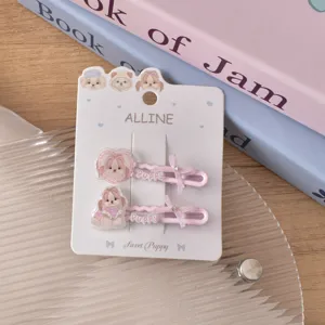 Cute pink puppy acrylic hair clips set with sweet bow decor, stylish side fringe duckbill hair pins.